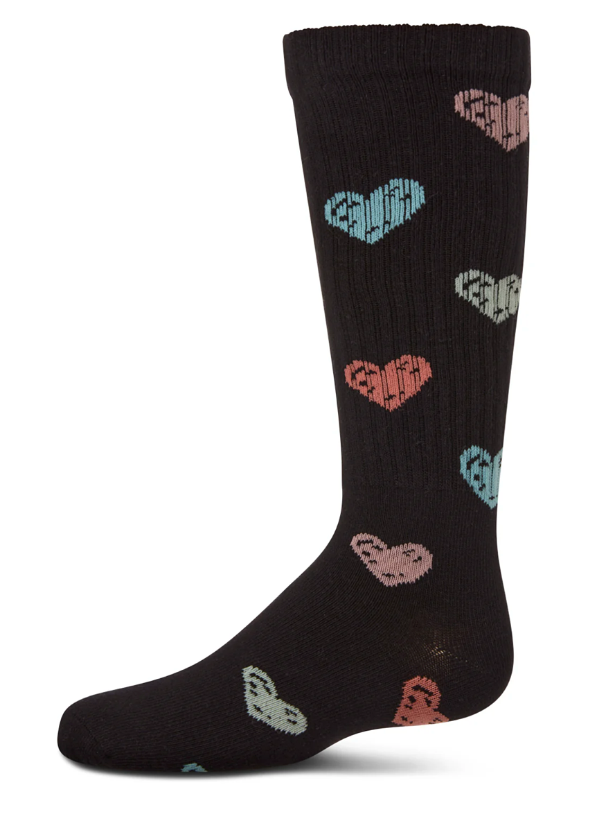 Girls RIbbed Cotton Blend Multi Graffiti Hearts Knee Sock