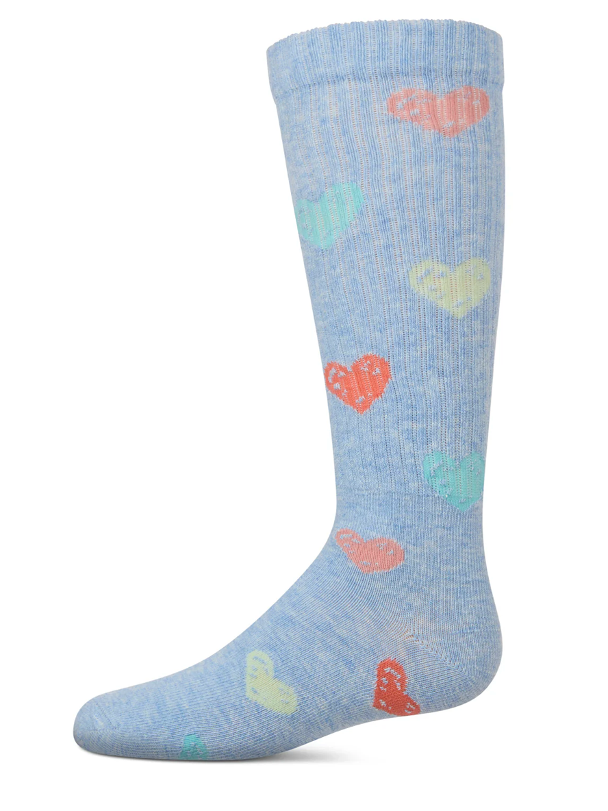 Girls RIbbed Cotton Blend Multi Graffiti Hearts Knee Sock