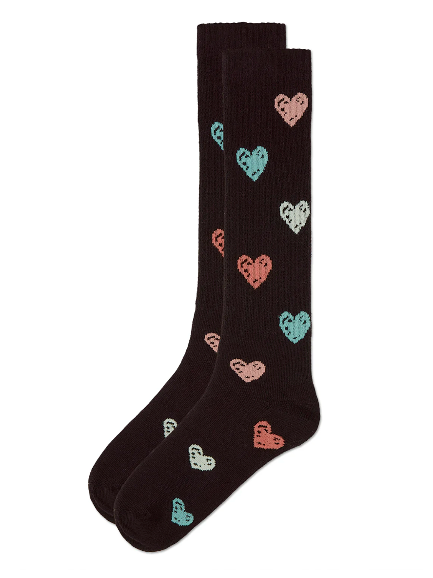 Girls RIbbed Cotton Blend Multi Graffiti Hearts Knee Sock