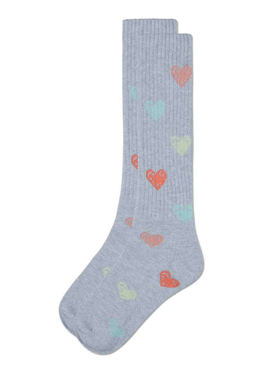 Girls RIbbed Cotton Blend Multi Graffiti Hearts Knee Sock