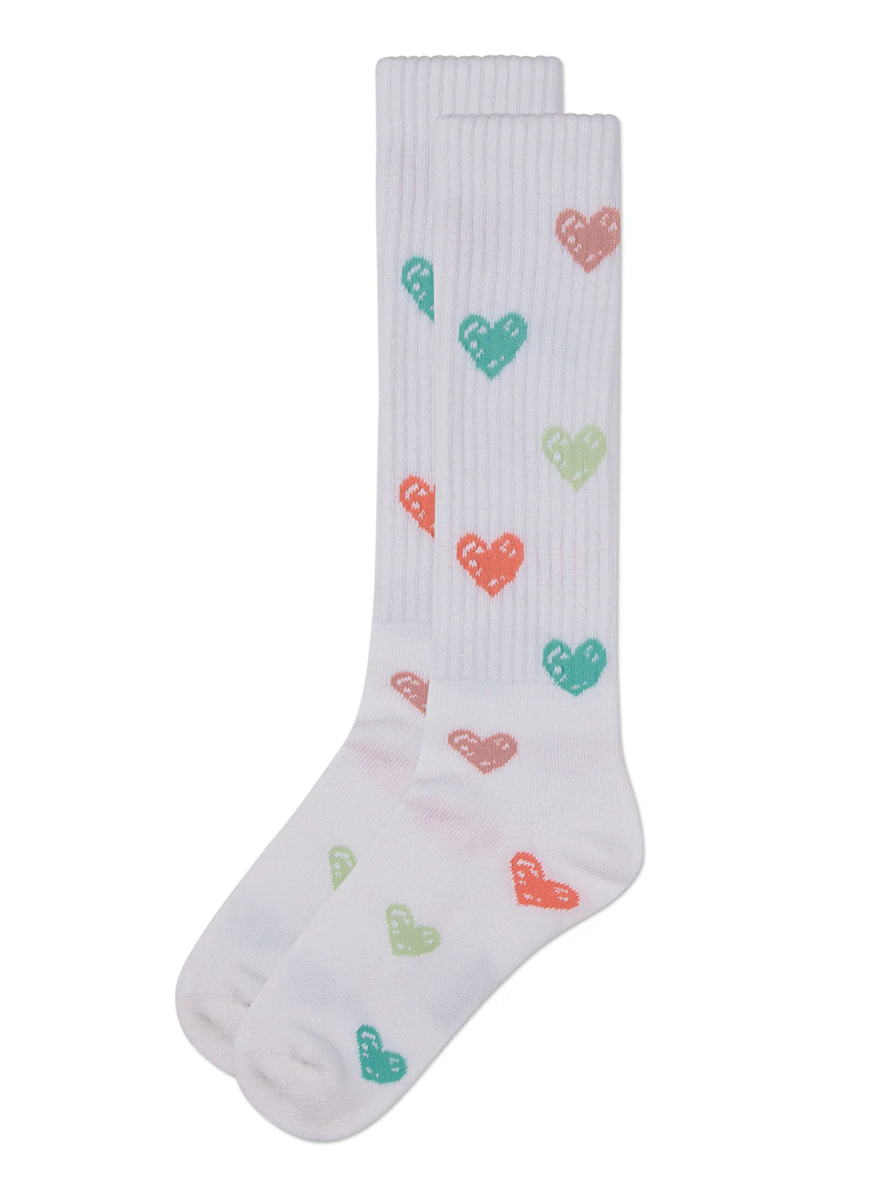 Girls RIbbed Cotton Blend Multi Graffiti Hearts Knee Sock